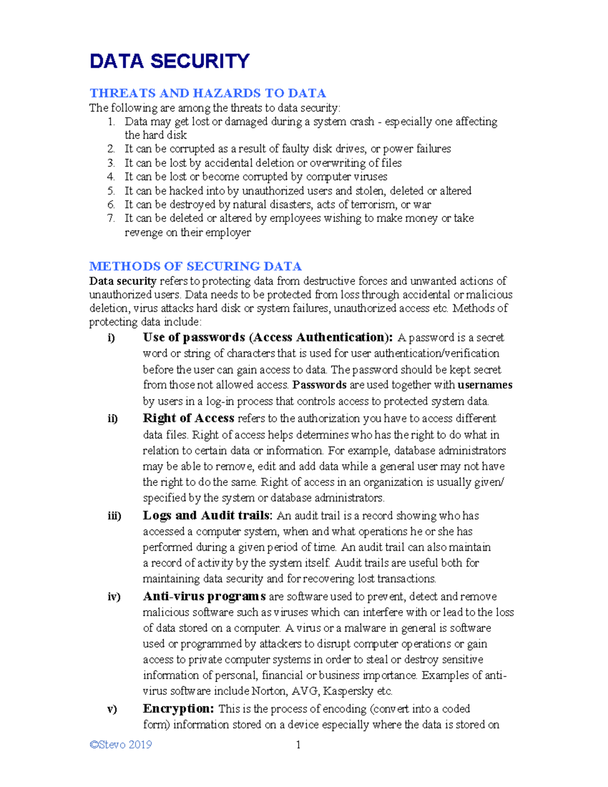 DATA SECURITY THREATS & PROTECTION METHODS - NOTES - Studocu