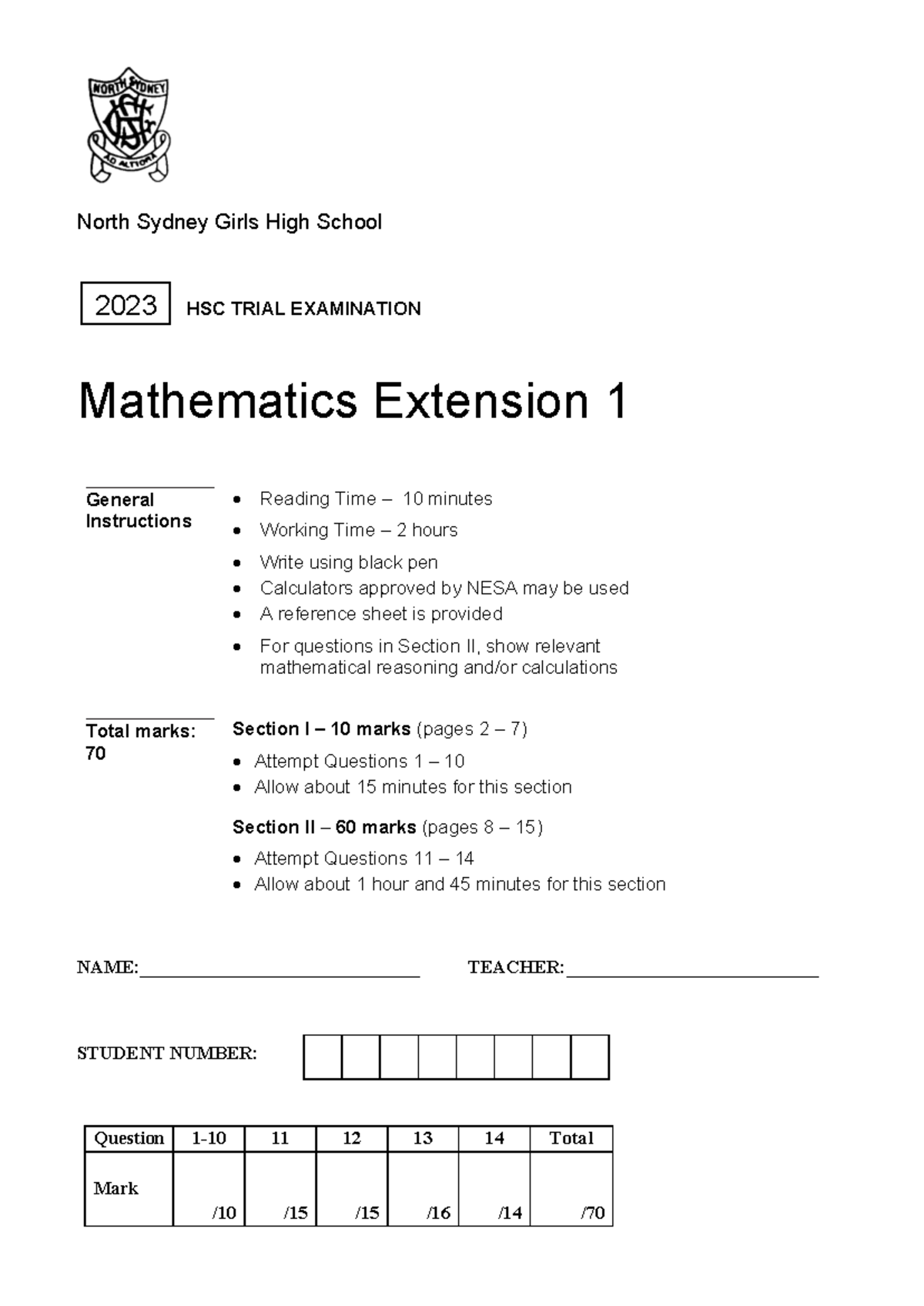 2023 HSC Trial Exam: Mathematics Extension 1 Paper Overview - Studocu