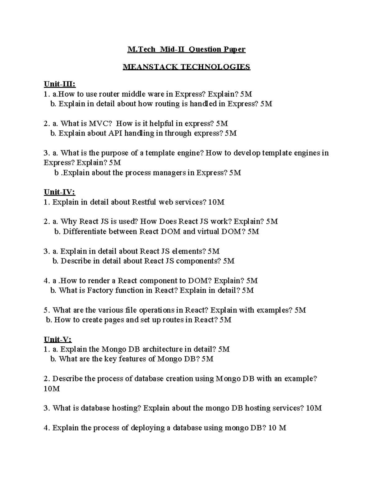 M.Tech I-II Mean Stack Midterm Exam Questions and Answers - Studocu
