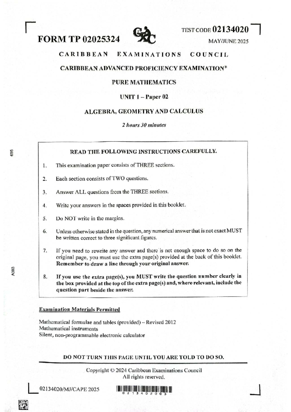 Cape Pure Mathematics 2025 Unit 1 Paper 02: Algebra, Geometry ...
