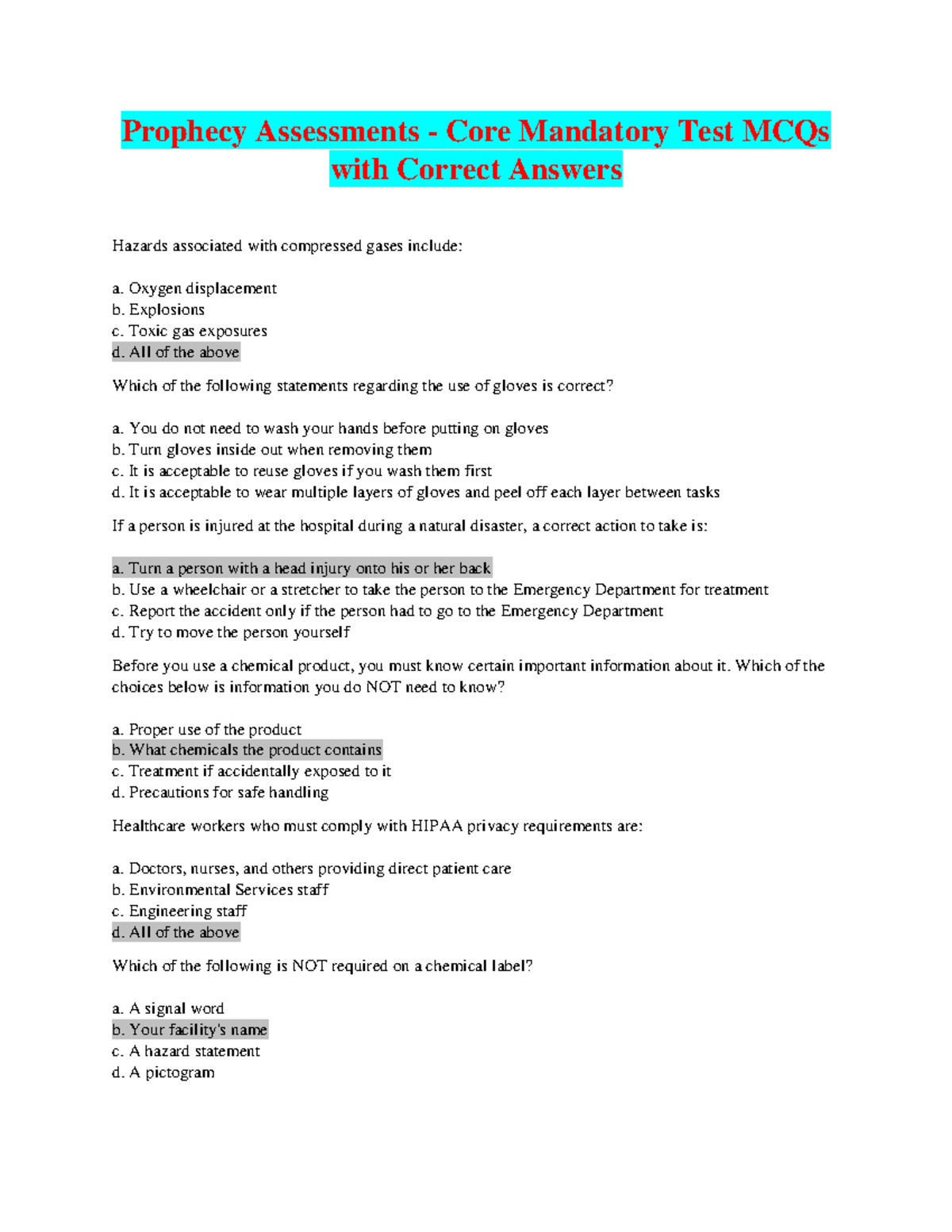 Prophecy Assessments Core Mandatory Test Part I: MCQs with Answers ...