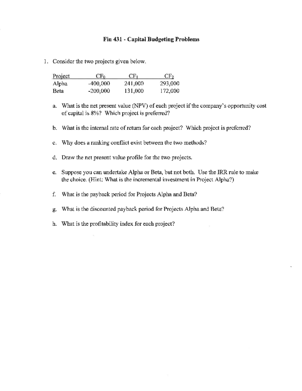 Capital Budgeting Problems (with solutions) - Fin 431 Capital Budgeting ...