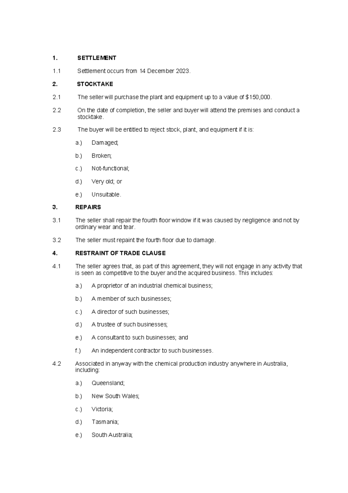 LLB202 Task B (Final Exam) - Settlement, Stocktake, and Repairs ...