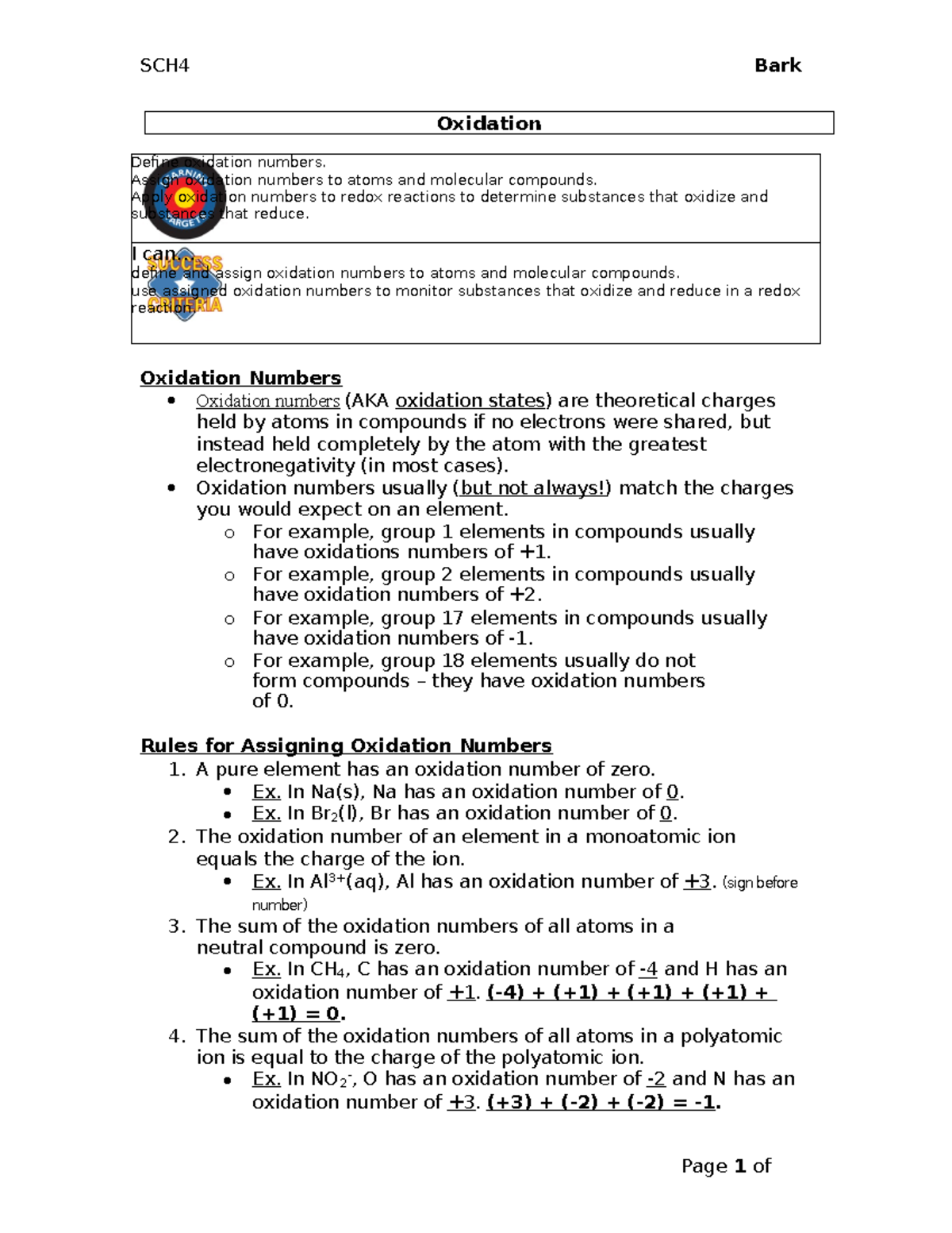 5.3 - Oxidation Numbers - U er Page 1 of I can... define and assign ...