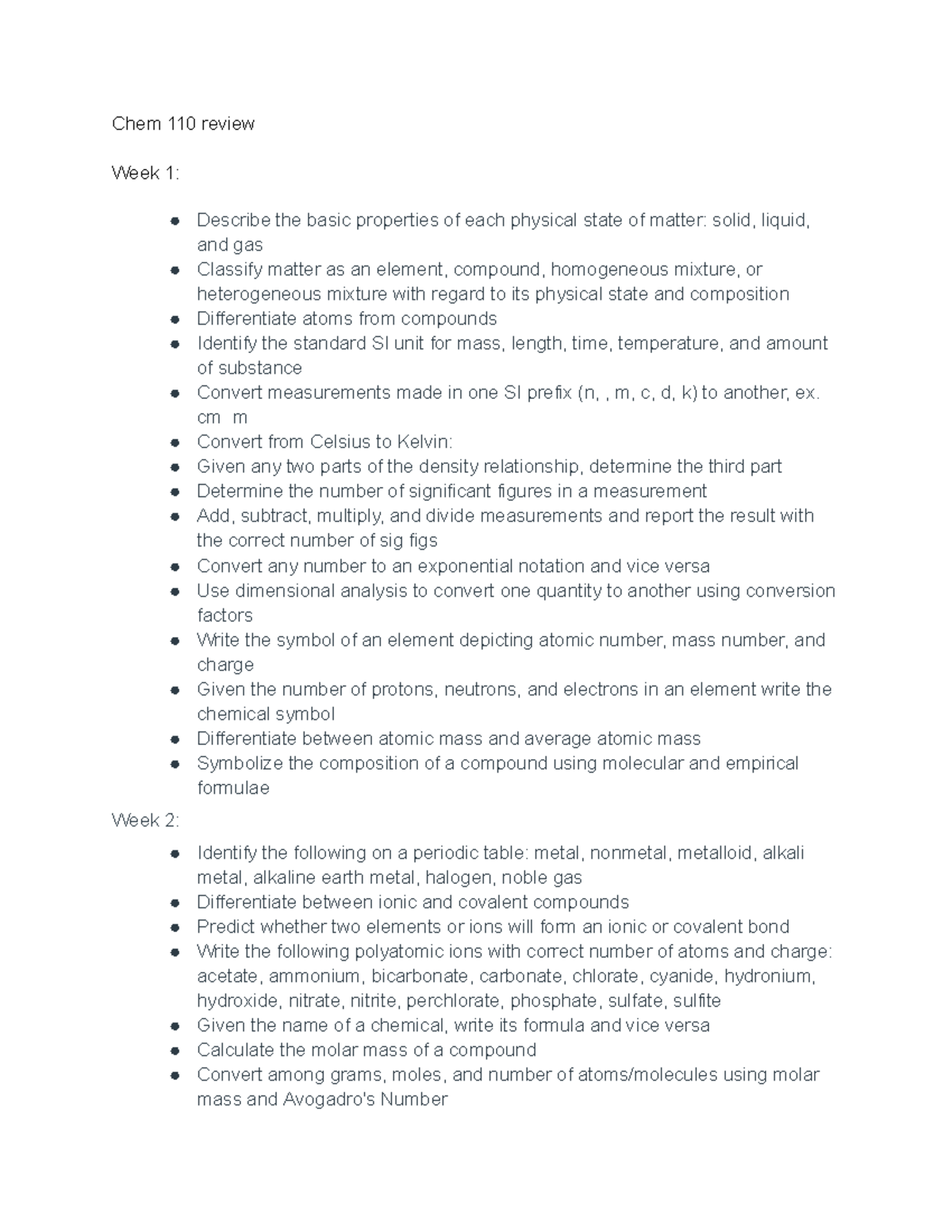 CHEM 110 Review: Key Concepts for Week 1 & 2 Exam Prep - Studocu