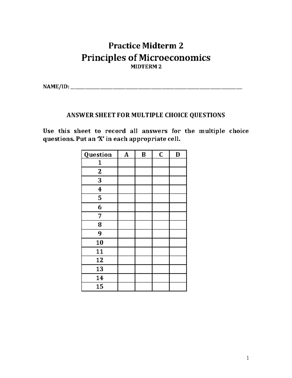 Practice Midterm 2 Microeconomics: Answer Sheet for MCQs - Studocu