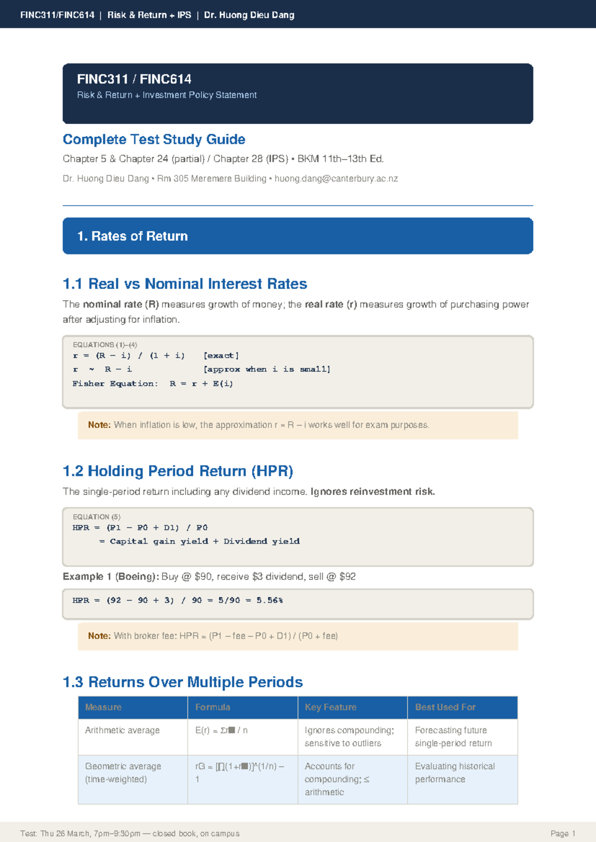 Risk Return IPS Study Guide for FINC311 & FINC614: Key Concepts ...