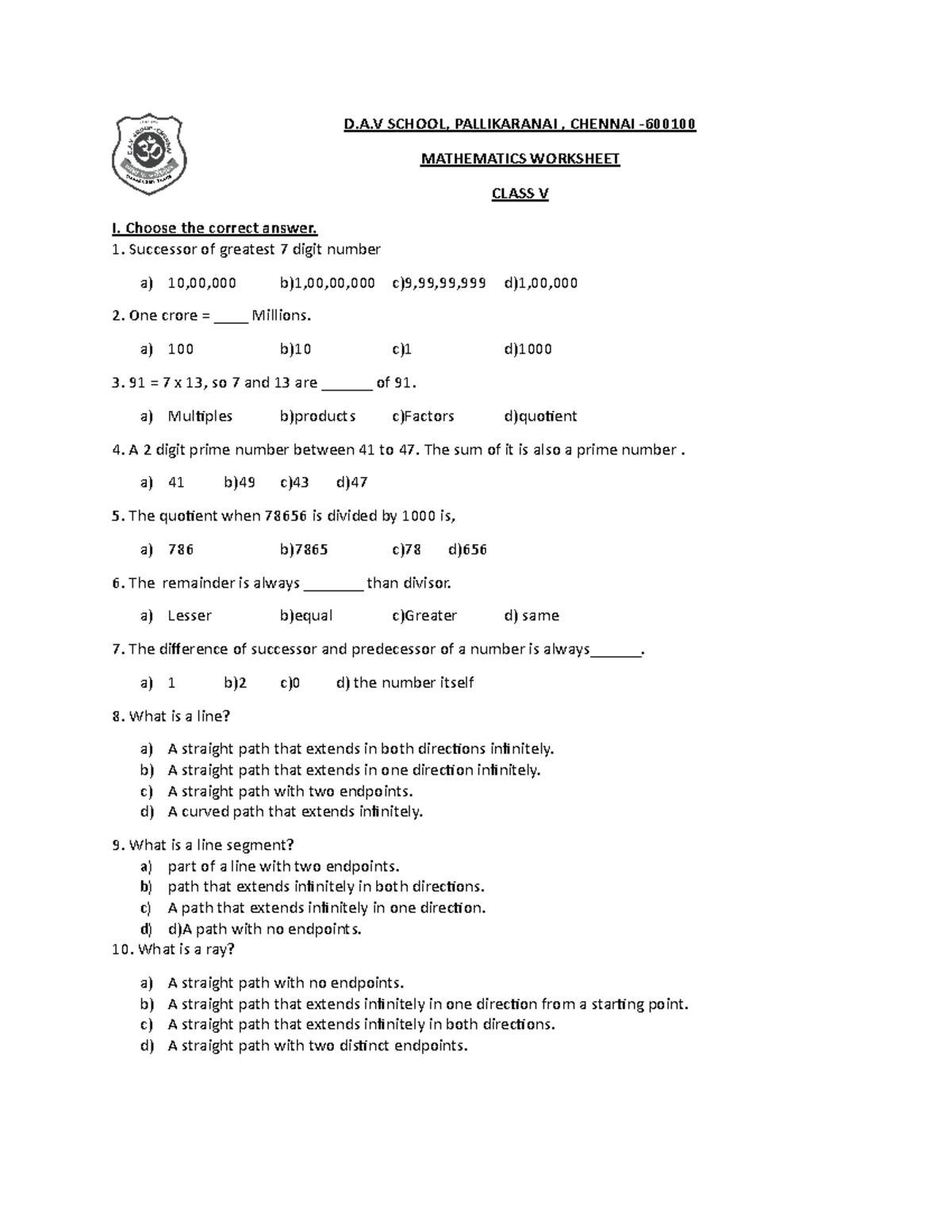 Class V Maths Worksheet - D.A.V. School, Pallikaranai - Studocu