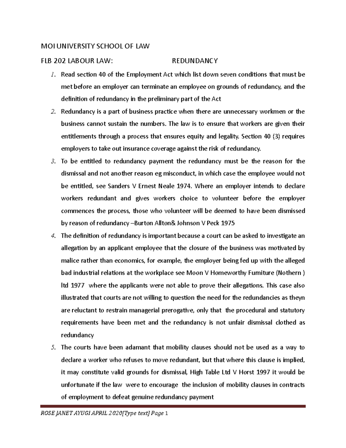 FLB 202 Labour Law: Comprehensive Notes on Redundancy Procedures - Studocu