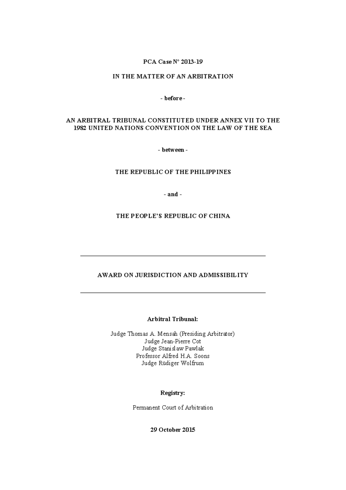 PCA Case: Award on Jurisdiction and Admissibility - PH vs China - Studocu