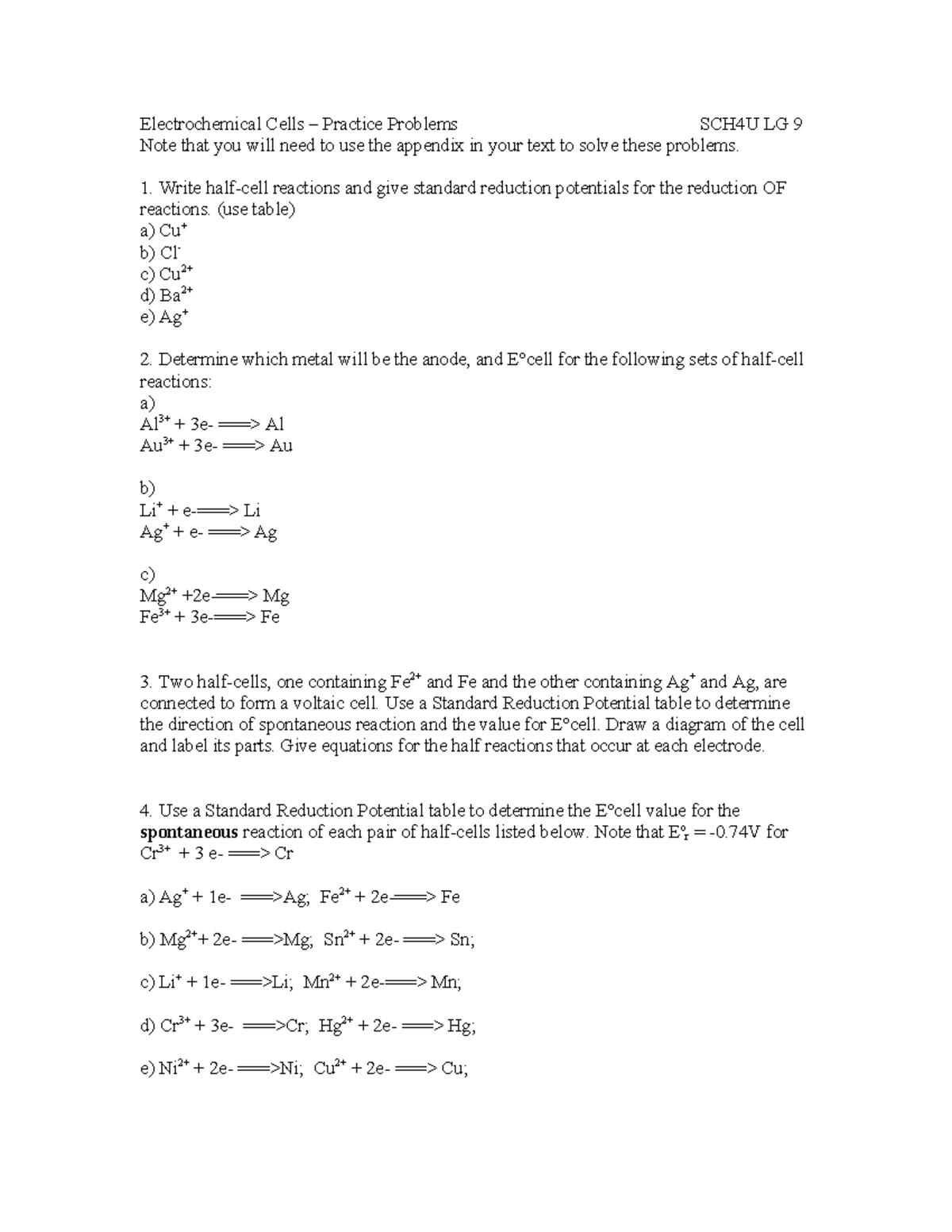 Electrochemical Cells Practice Problems SCH4U LG 9 - Studocu
