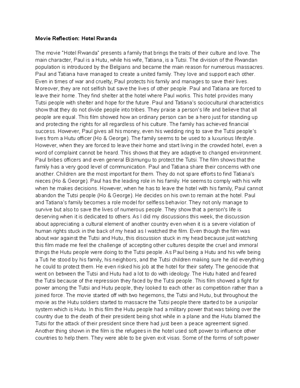 Hotel Rwanda Assignment - Movie Reflection: Hotel Rwanda The movie