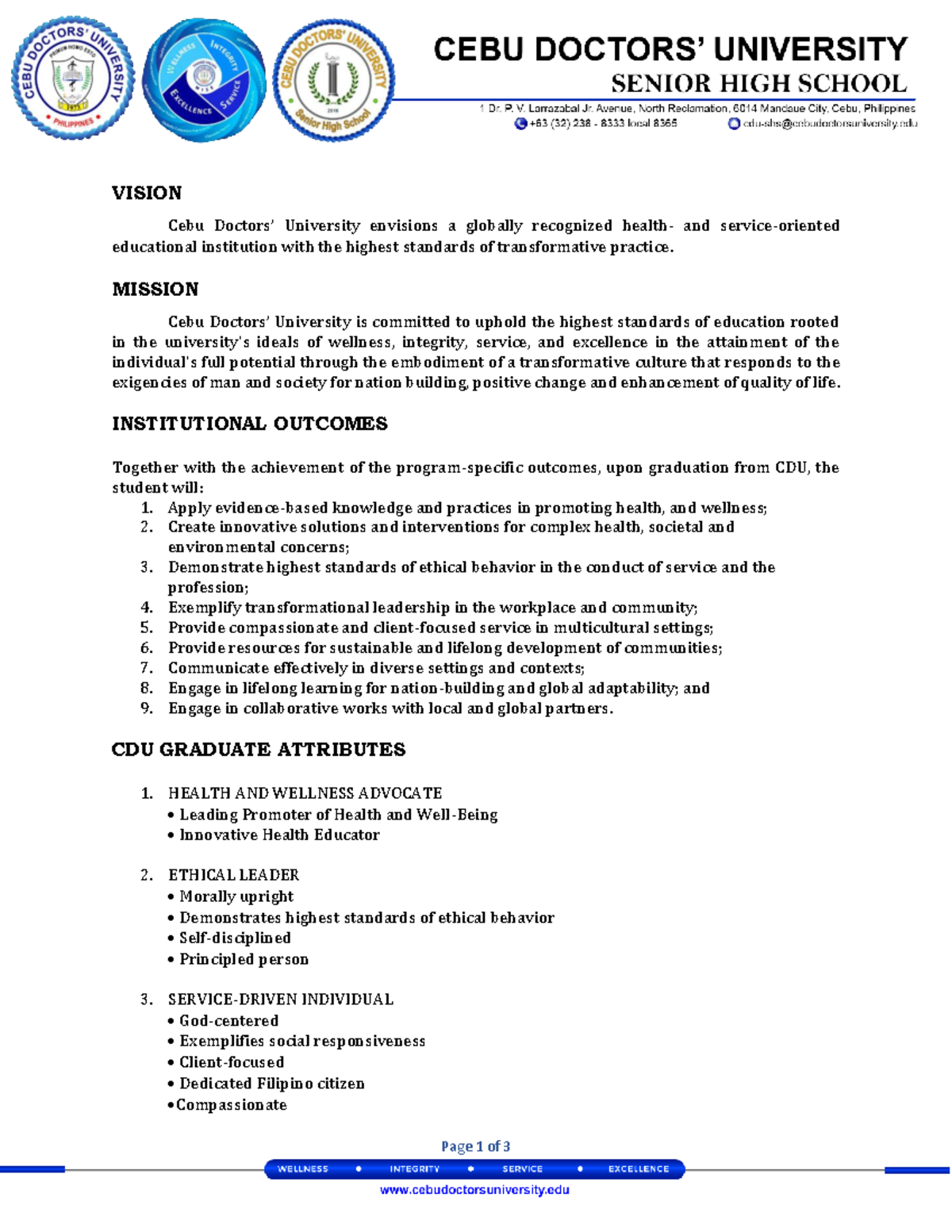 CDU Vision, Mission, Institutional Outcomes & Graduate Attributes - Studocu