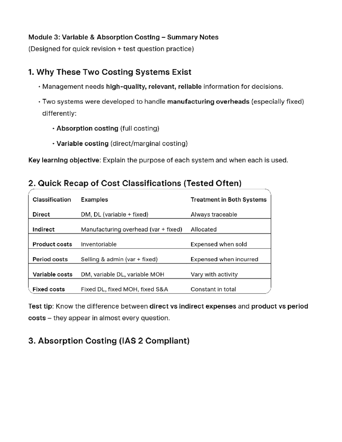 Module 3: Variable & Absorption Costing Summary Notes for Revision ...