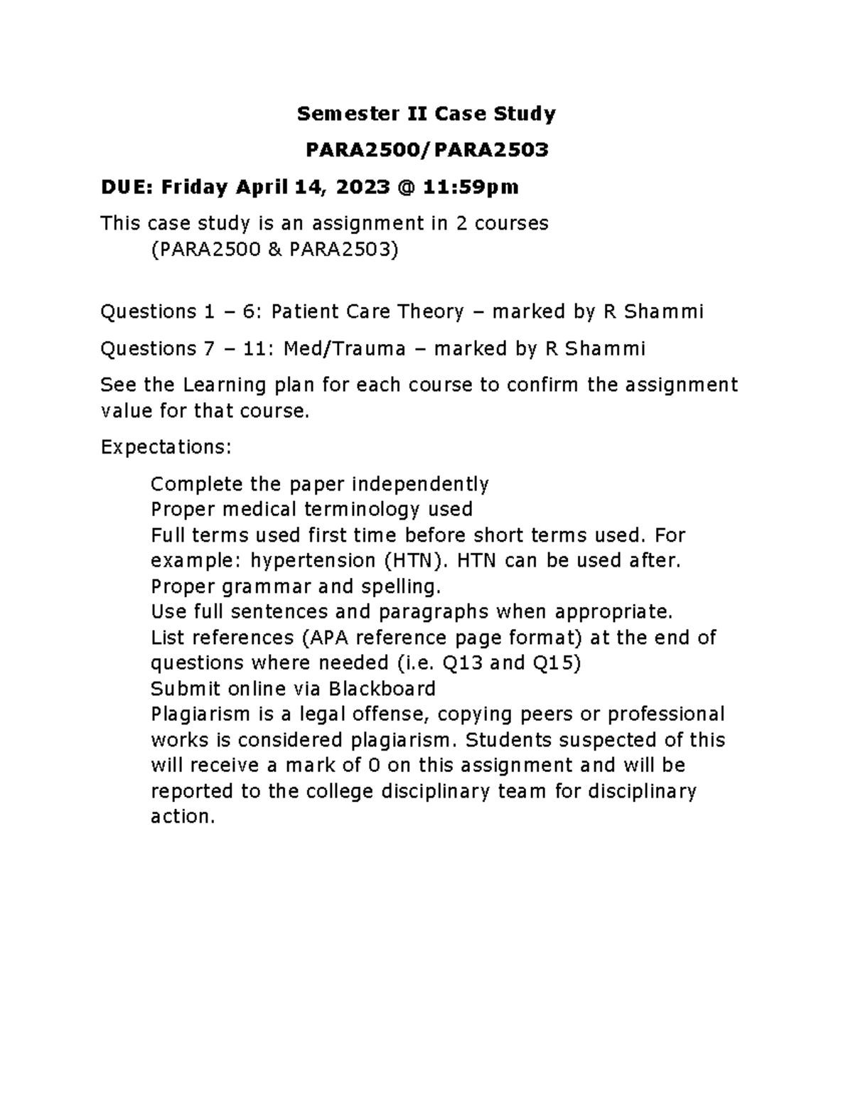 Patho Case Study Guide: Patient Assessment & Emergency Care (PARA2500 ...