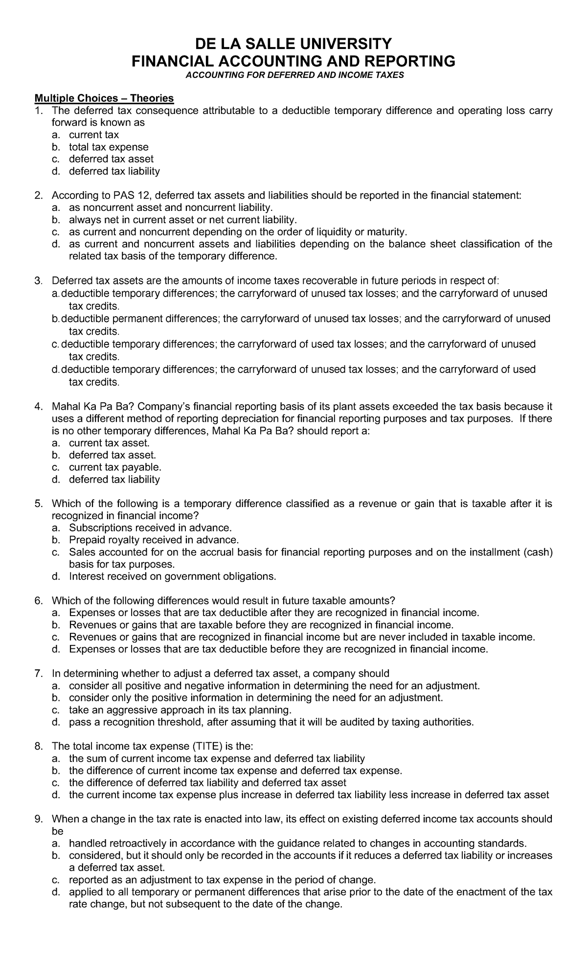 DE LA SALLE UNIVERSITY ACCT 101: Income & Deferred Taxes MCQs - Studocu