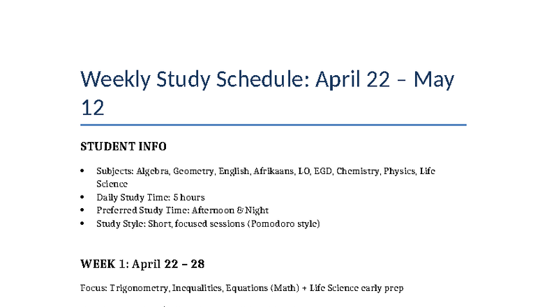 Weekly Study Schedule: April 22 - May 5 for Algebra & Life Science ...
