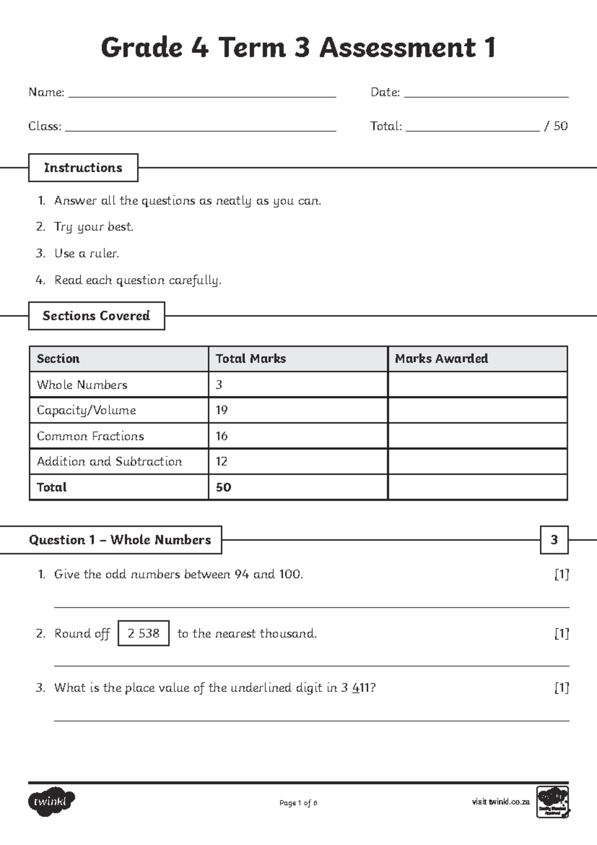 Grade 4 Term 3 Assessment 1: Whole Numbers, Fractions & More - Studocu