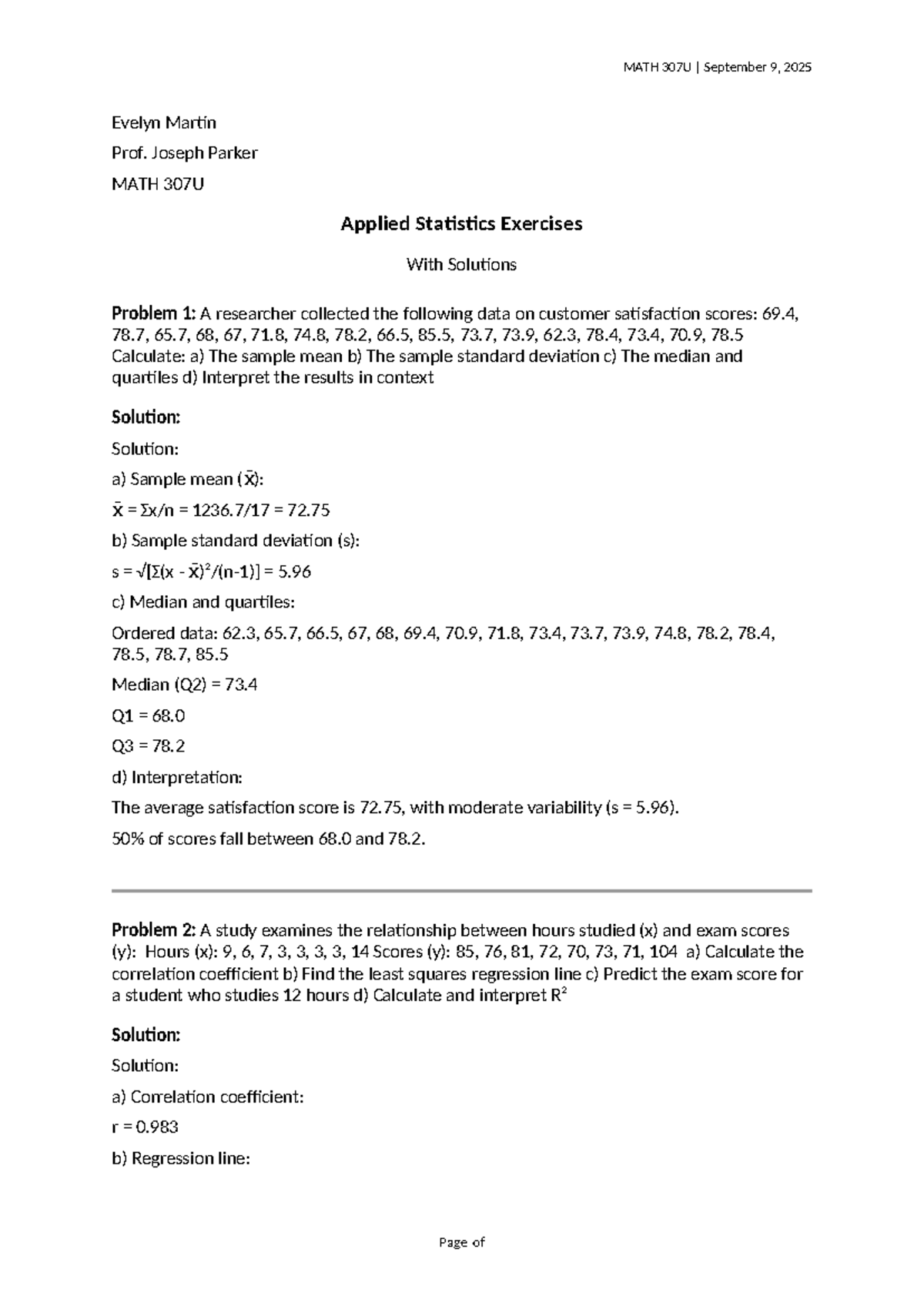 MATH 307U Applied Statistics Exercises with Solutions - Studocu
