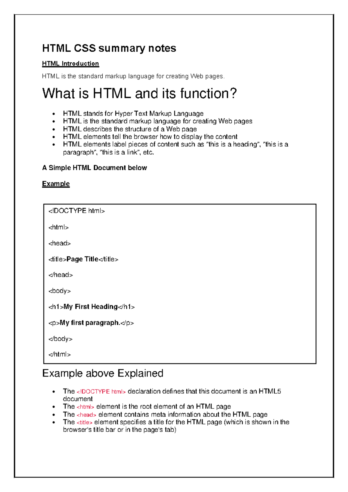 HTML & CSS Summary Notes: Introduction & Key Concepts - Studocu