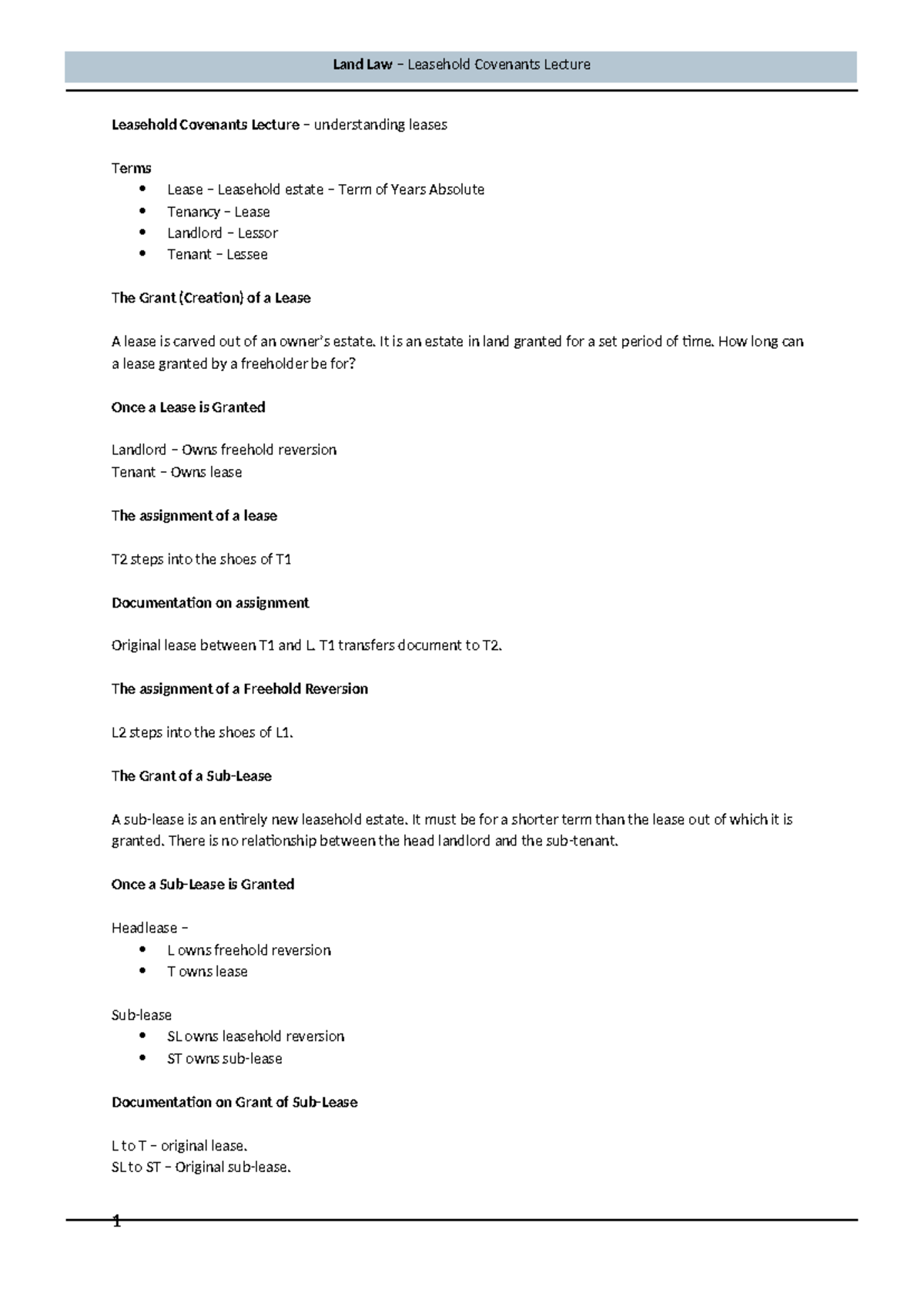 Land Law Leasehold Covenants Lecture Notes - Studocu