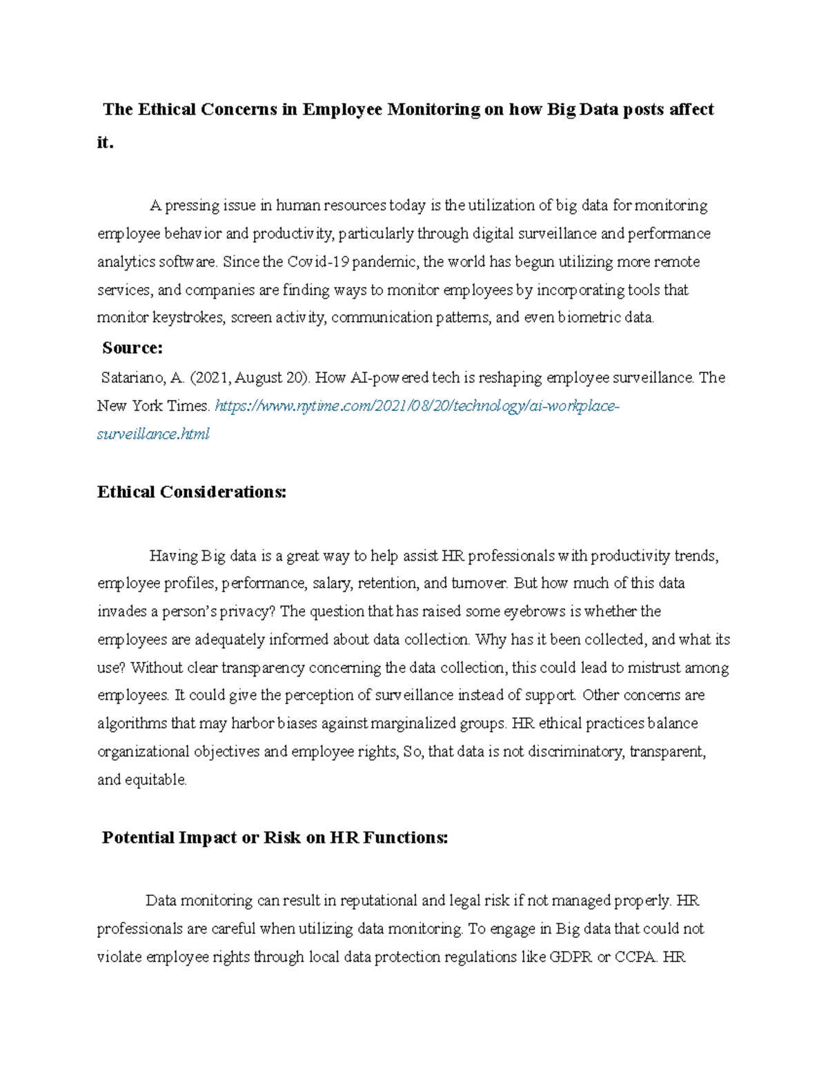 Discussion Post 4-1: Ethical Concerns in Employee Monitoring & Big Data ...