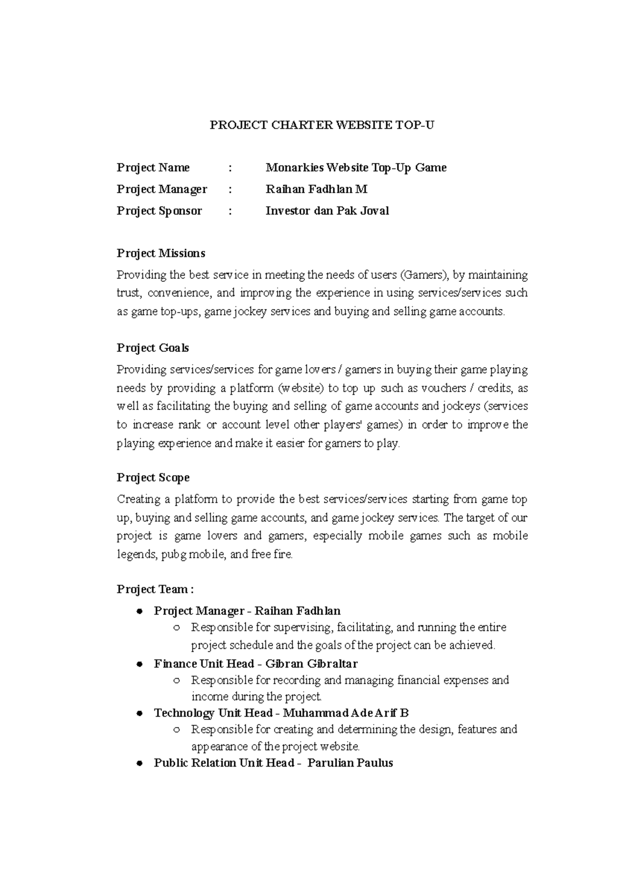 Project Charter Example for Monarkies Website Top-Up Game - Studocu