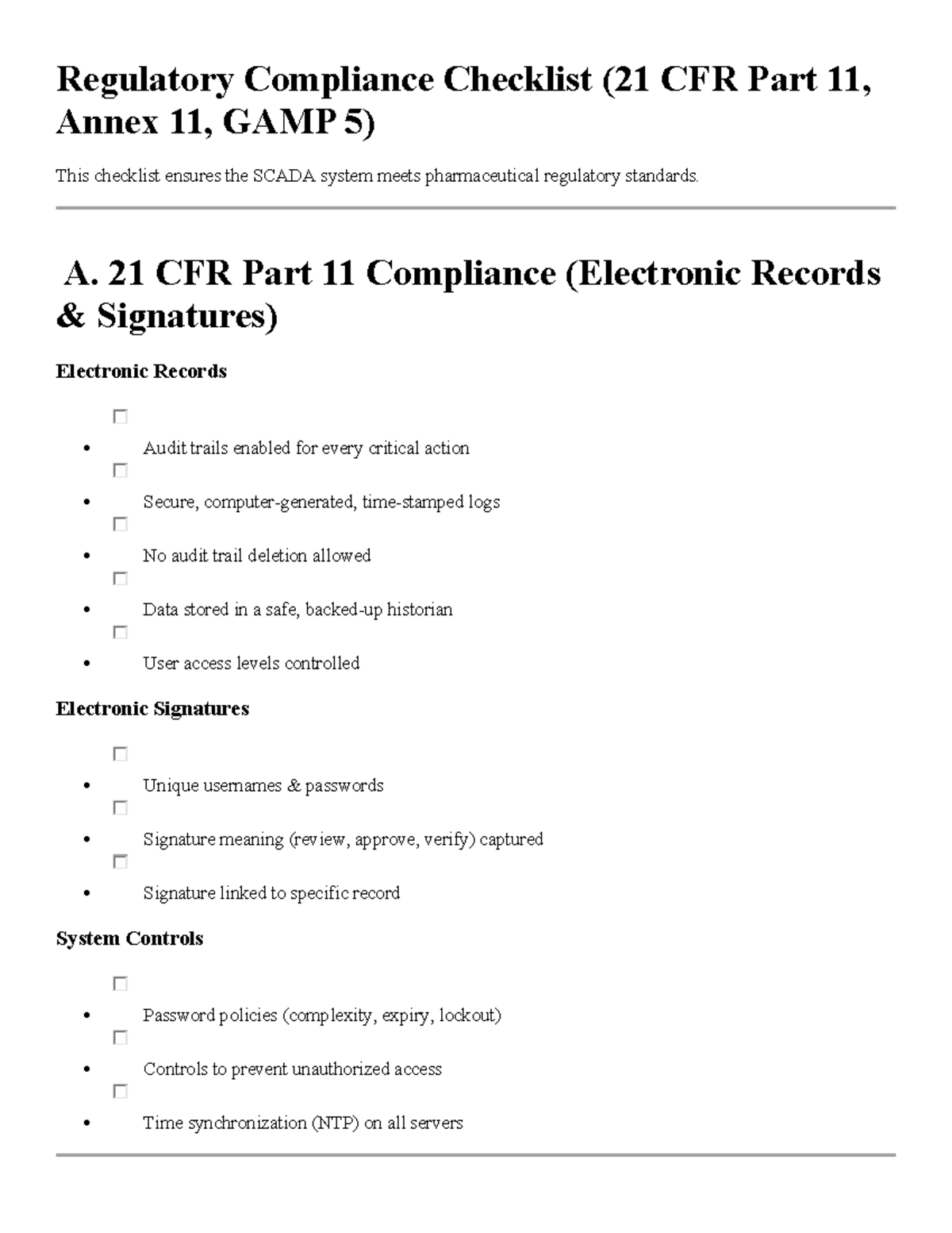 Regulatory Compliance Checklist for SCADA Systems (21 CFR, Annex 11 ...