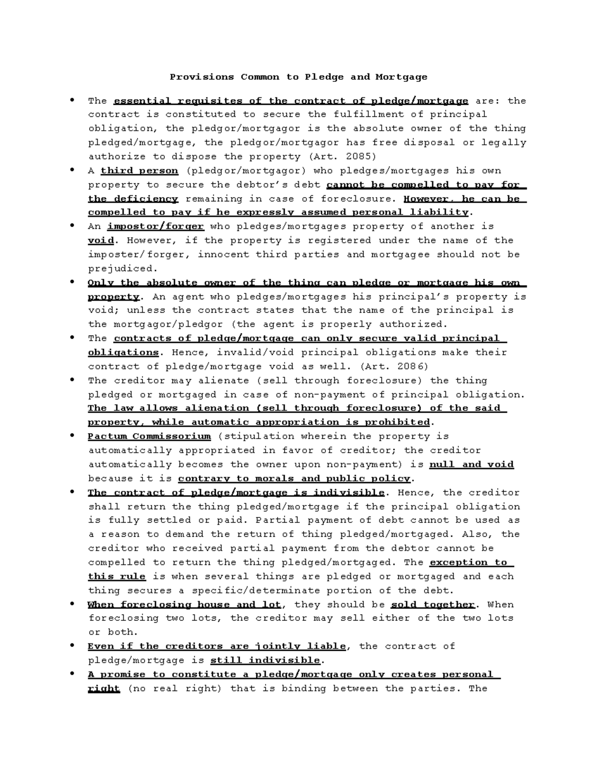 Common Provisions in Pledge and Mortgage Contracts Analysis - Studocu
