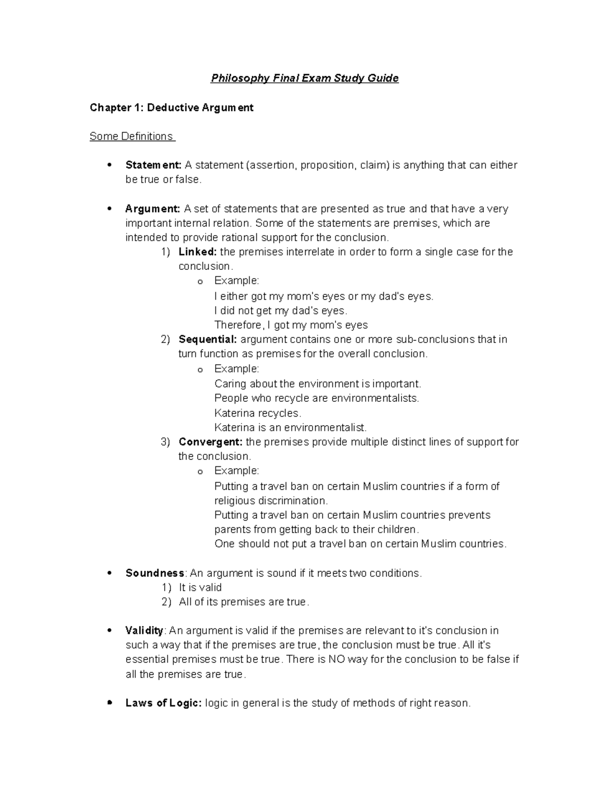 Philosophy Final Exam Study Guide - Argument: A set of statements that ...