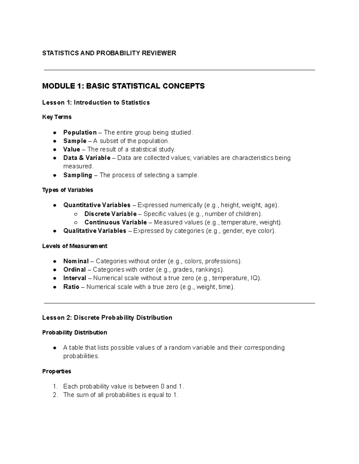 STATISTICS 101: REVIEWER MODULE 1 - BASIC STATISTICAL CONCEPTS - Studocu