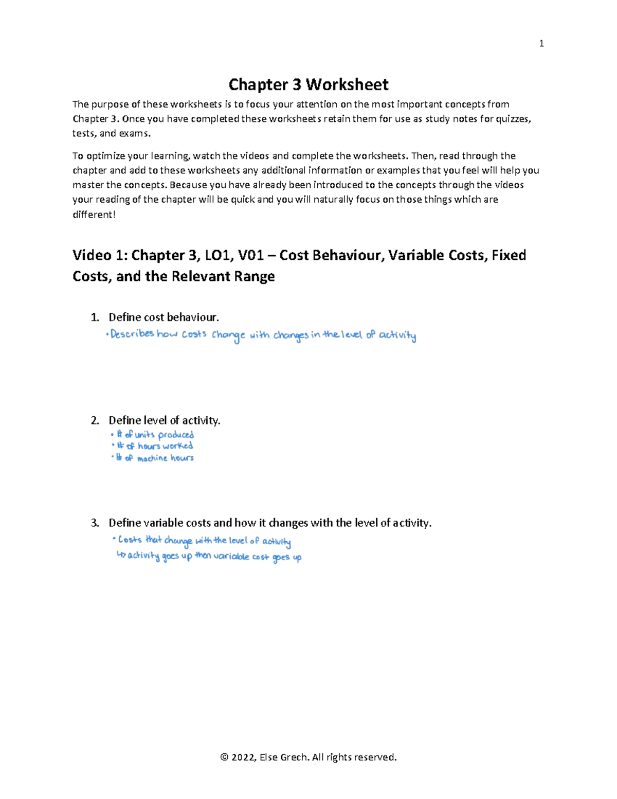 CACC406, Chapter 3 Worksheet: Cost Behaviour & Mixed Costs Study Guide ...