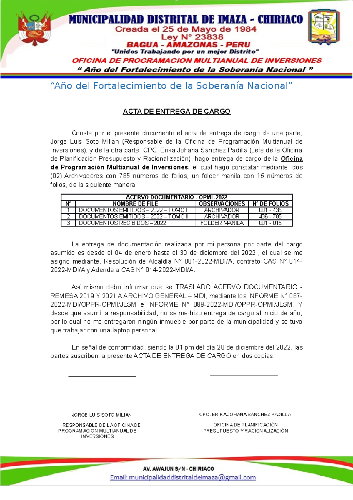 ACTA DE ENTREGA DE CARGO - OPMI - Jorge Luis Soto y CPC. Sánchez Padilla - Document Preview