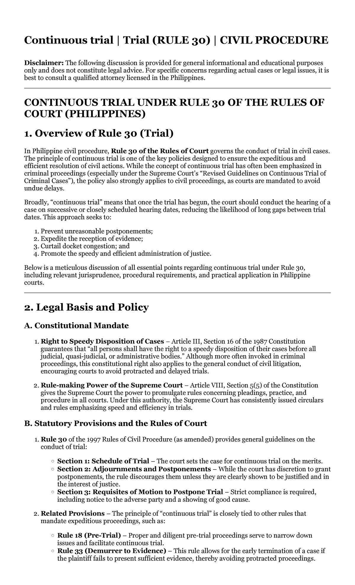 Continuous Trial Under Rule 30: Key Insights in Civil Procedure - Studocu