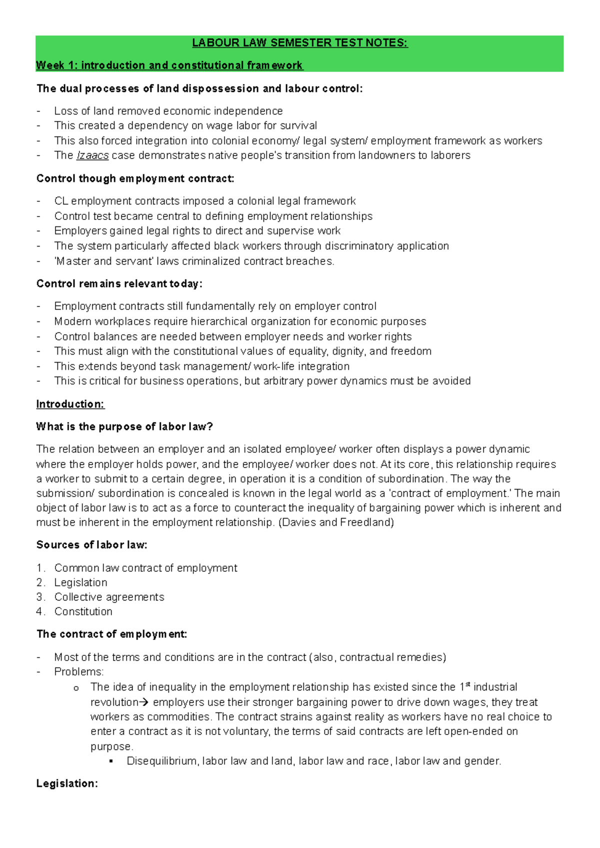 LABOUR LAW SEMESTER TEST NOTES: Week 1-4 Overview and Key Concepts ...