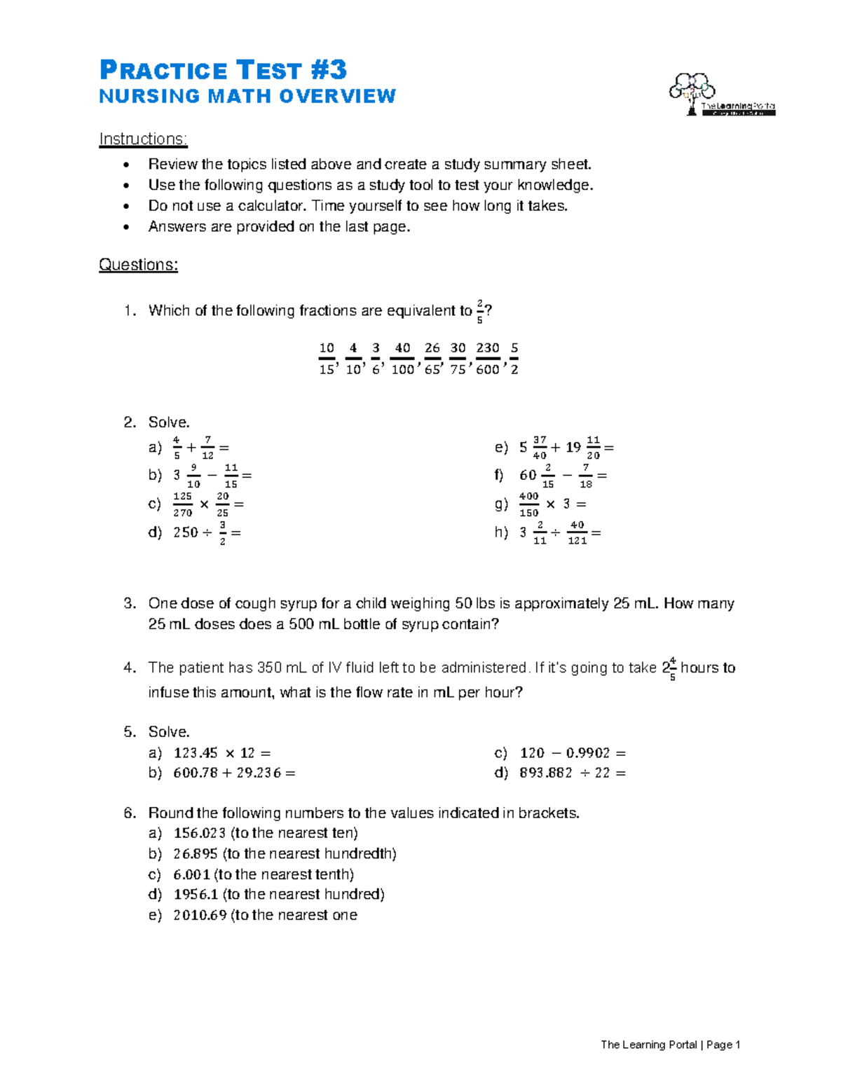 Practice Test 3: Nursing Math Overview and Study Guide - Studocu