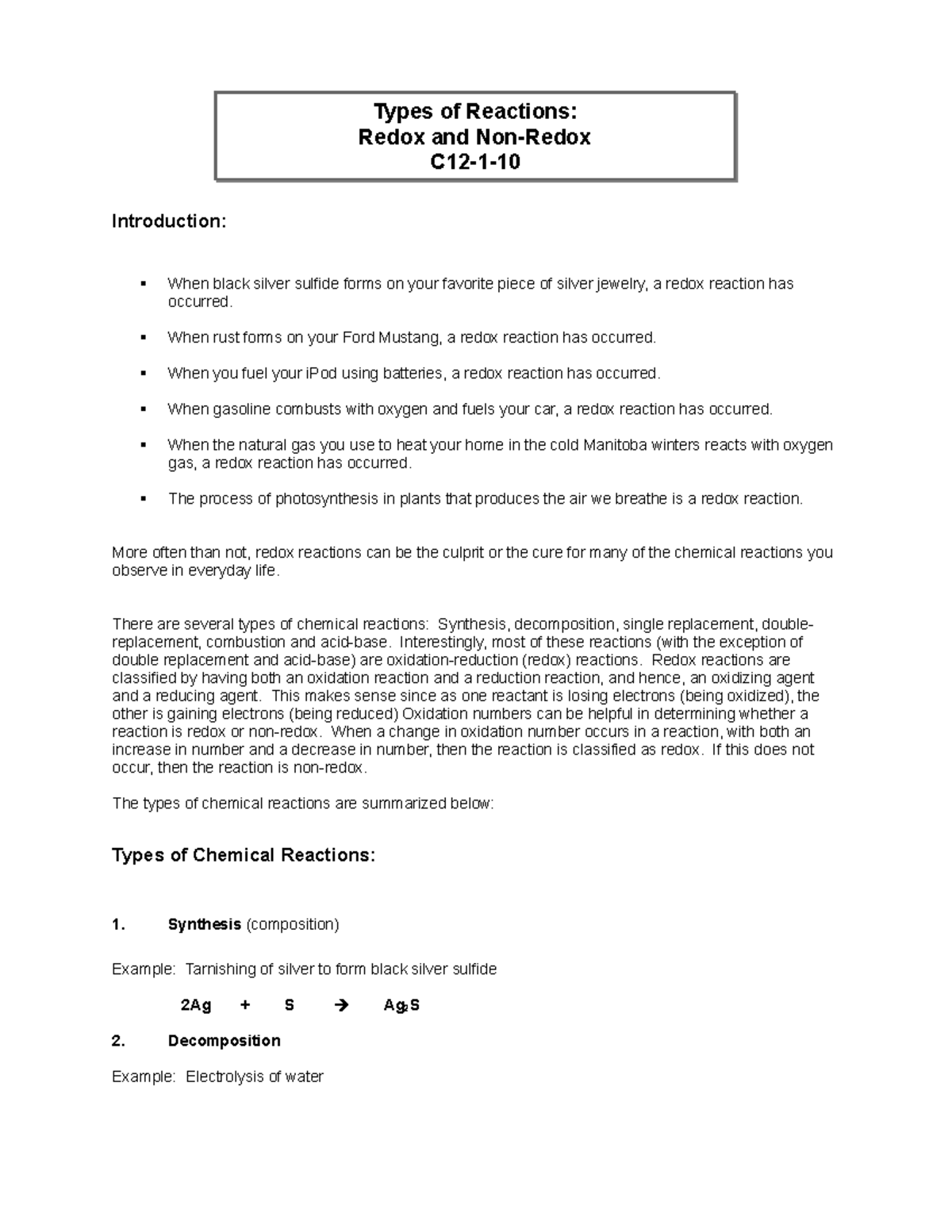 Redox and Non-Redox Reactions Experiments & Demonstrations ...