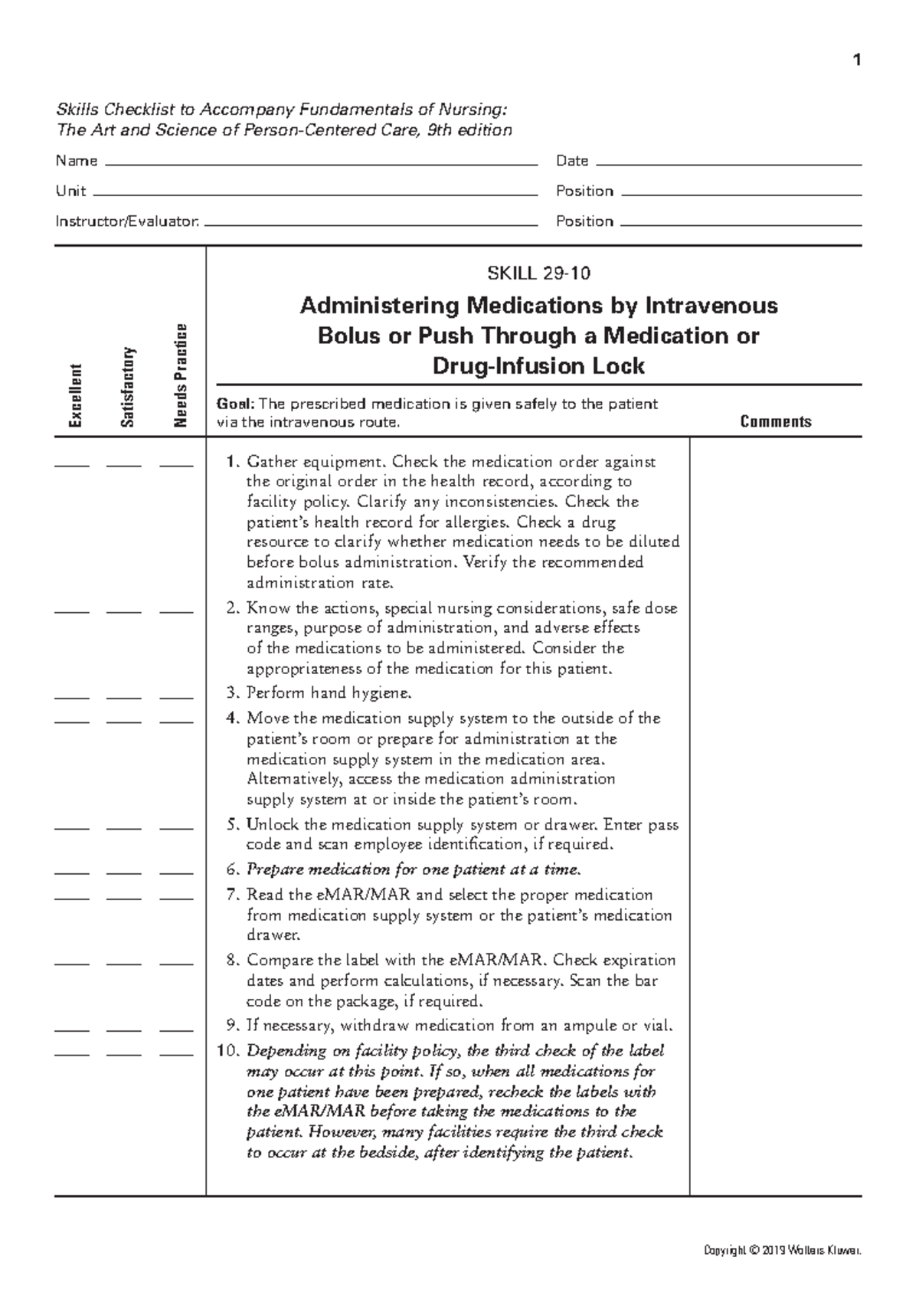 IV Bolus Medication Administration Skills Checklist for Nursing - Studocu