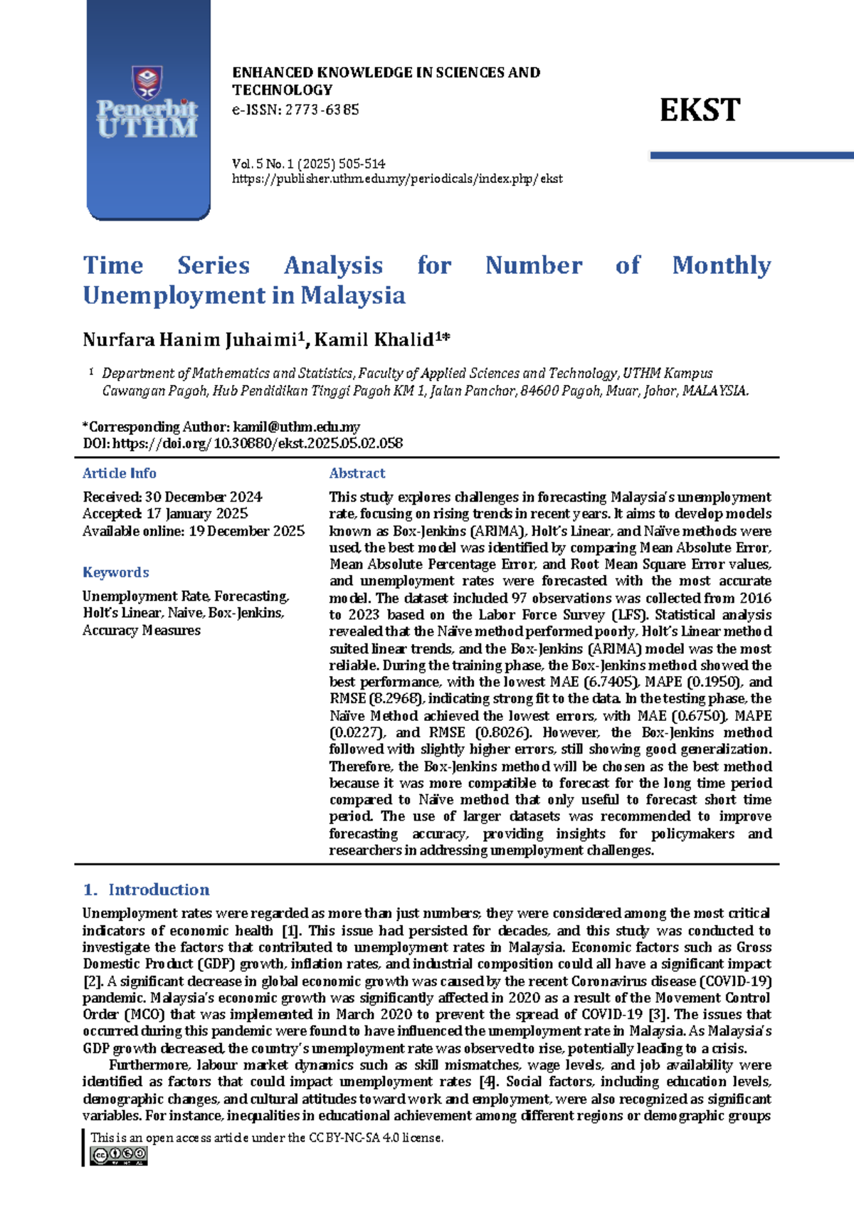 Time Series Analysis of Unemployment in Malaysia: EKST 5(1) (2025 ...