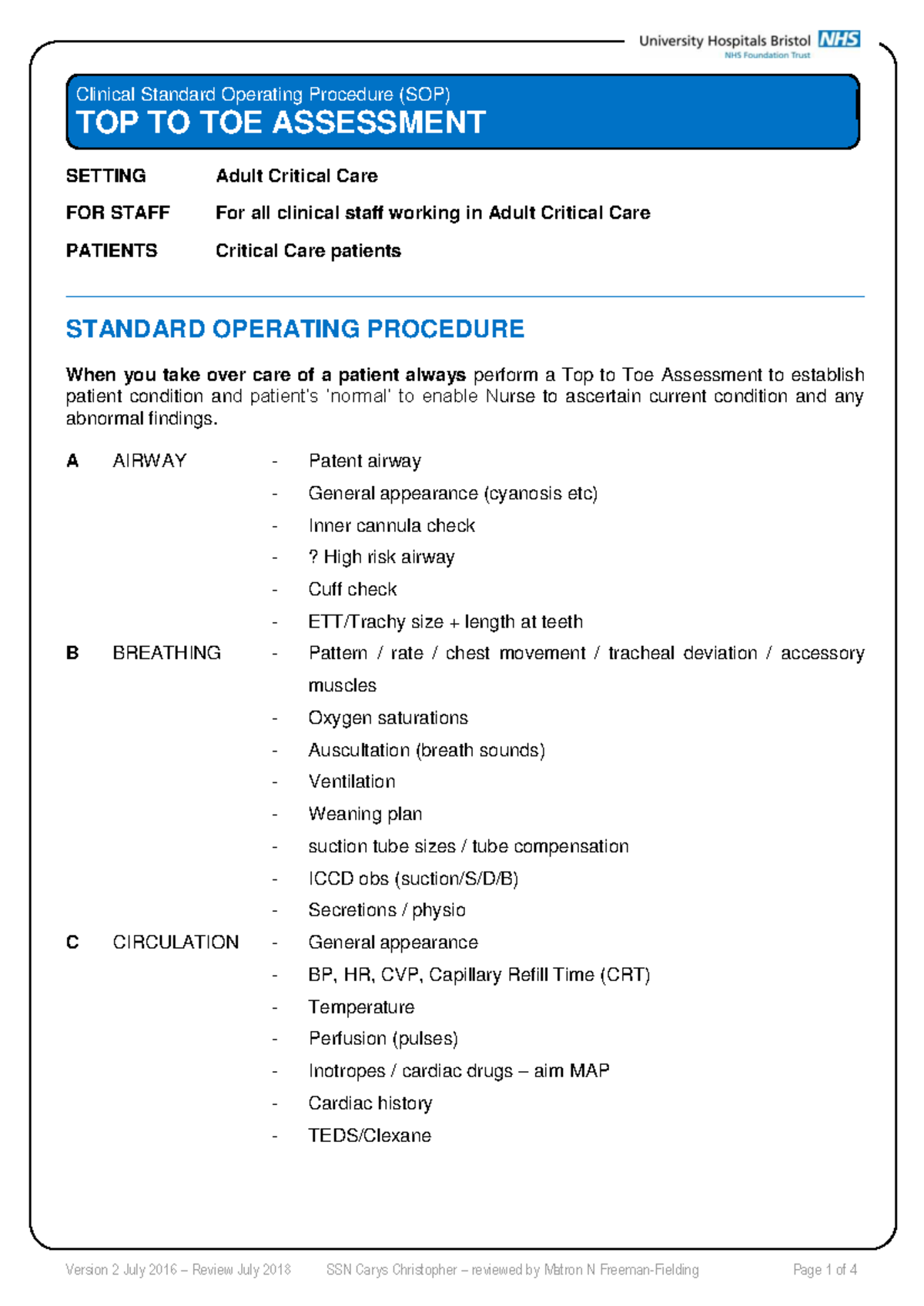 Top to Toe Assessment SOP July 2016 - SETTING Adult Critical Care FOR ...
