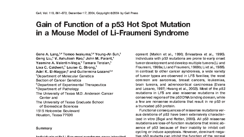 Gain of Function of p53 Hot Spot Mutation in Mouse Model (MOLGEN 101 ...