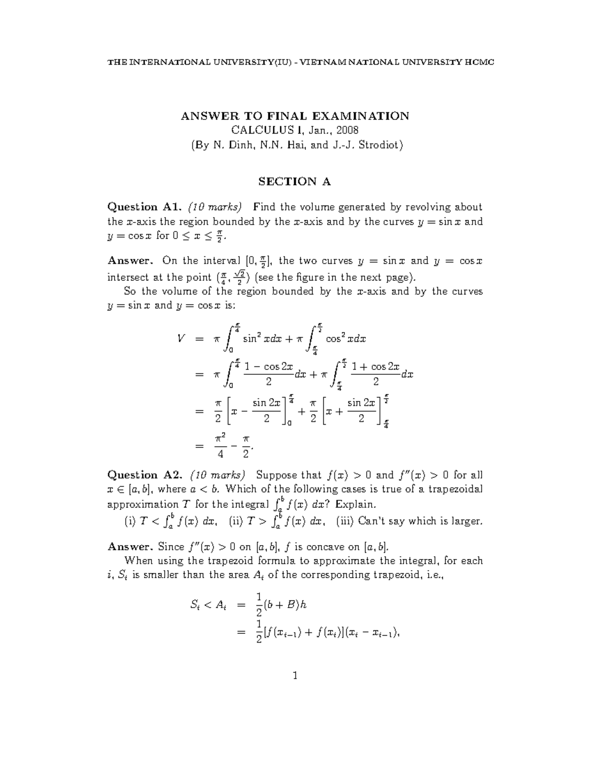 Calculus I Final Exam Solutions (IU) - Jan 2008 - Studocu