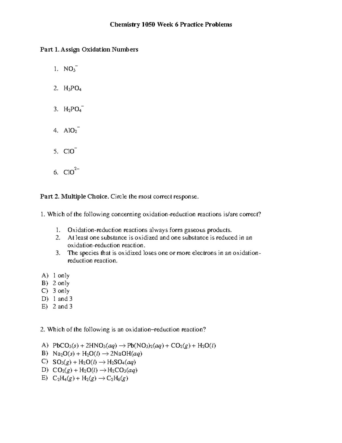 Chemistry 1050 Week 6 Practice Problems: Oxidation Numbers & Reactions ...