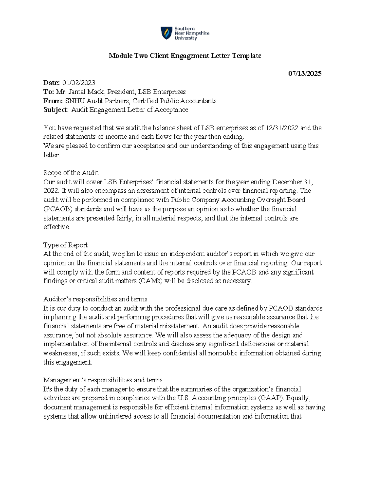 ACC 411 Module Two Audit Engagement Letter Template - Studocu