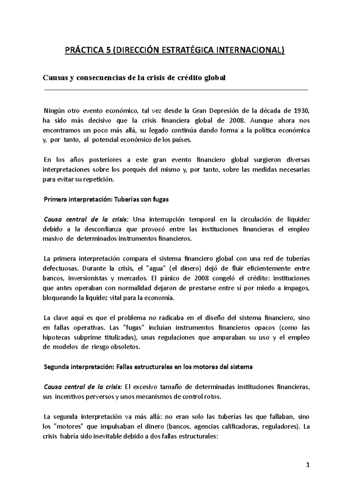 Práctica 5: Causas y Consecuencias de la Crisis de Crédito Global - Studocu