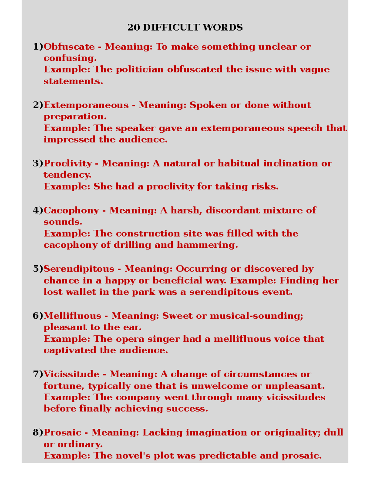 20 Difficult Words - Lecture Notes for Eloquent Communication - Studocu