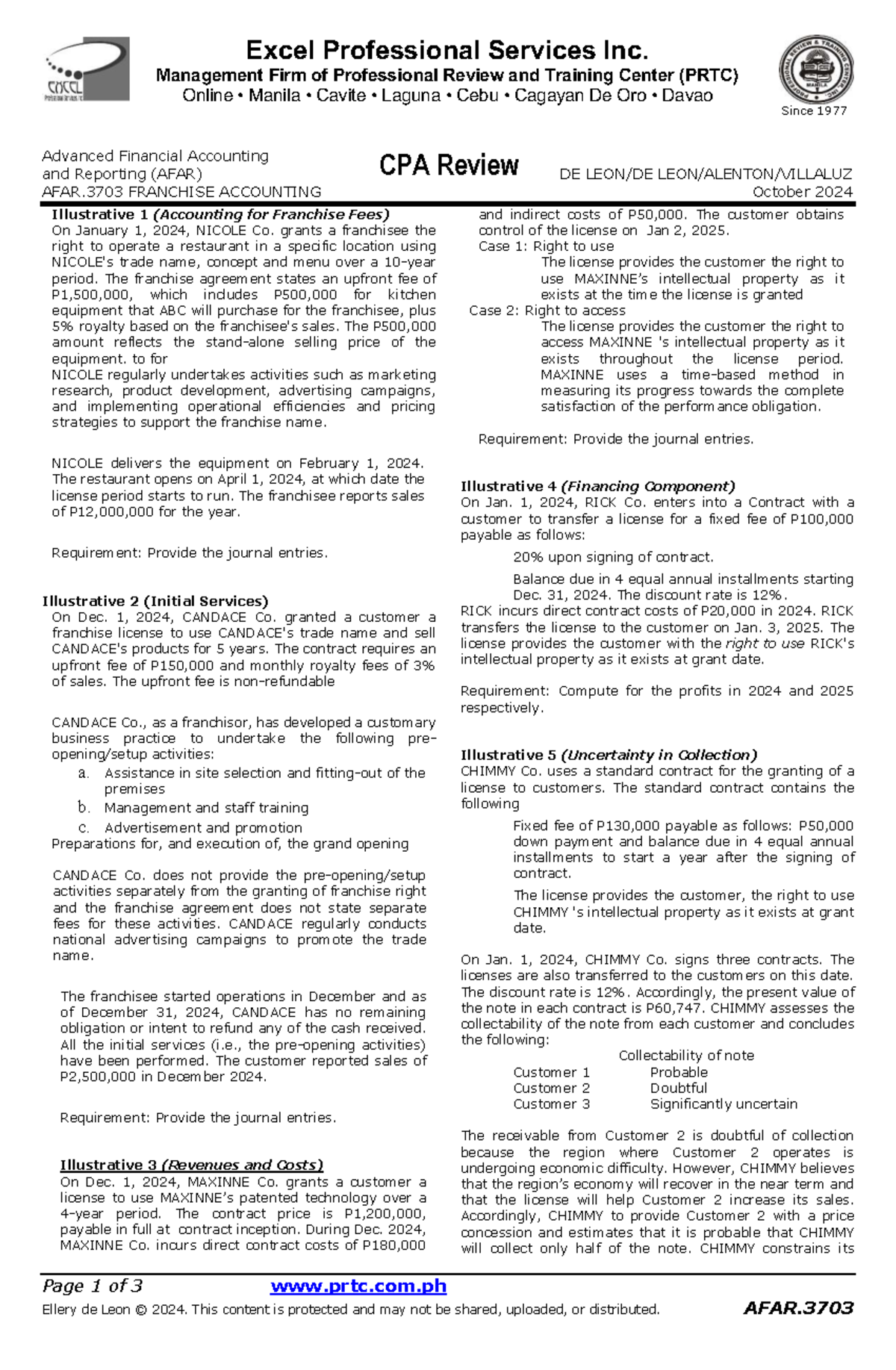 AFAR.3703 Franchise Accounting: Journal Entries and Illustrative Cases ...