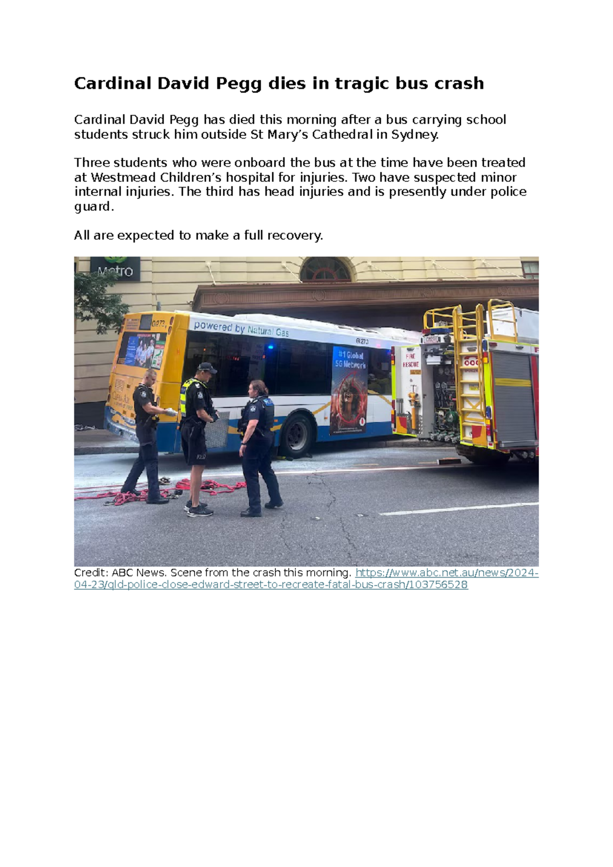 Tragic Bus Crash Claims Life of Cardinal David Pegg - Studocu