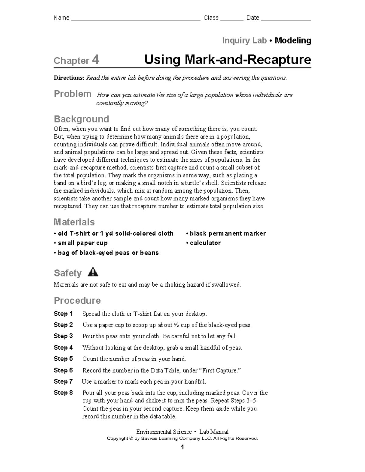 Modeling Lab Using Mark-and-Recapture - Inquiry Lab • Modeling Chapter ...