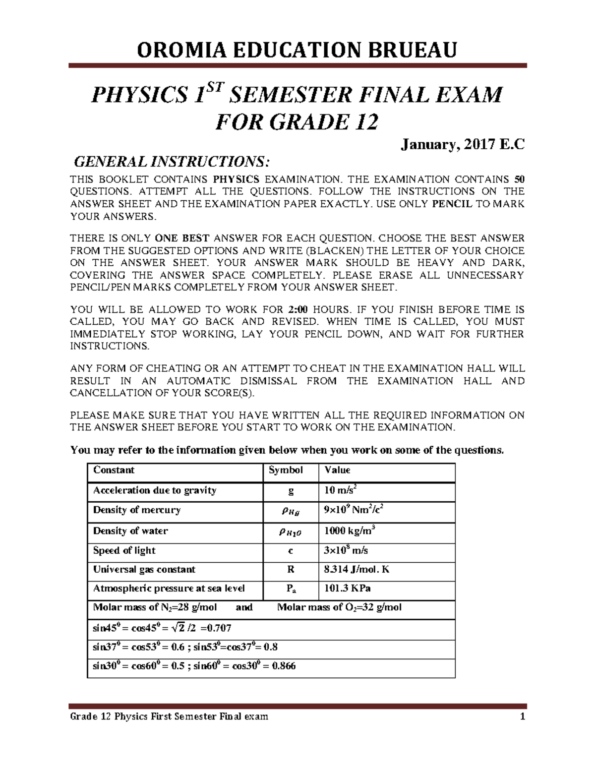 OEB G12 Physics 1st Sem Final Exam Instructions & Questions - Studocu